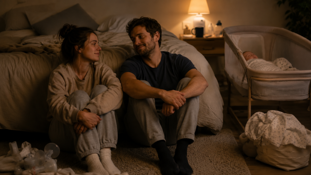 Two exhausted new parents sitting on the bedroom floor while their baby finally sleeps.