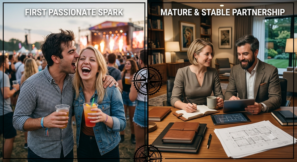 an excited young couple and a happy couple in stable relationship