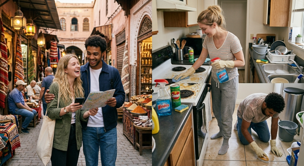 couple travelling the world and doing household chores.