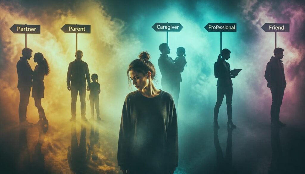 An illustration of one person surrounded by different silhouettes labeled:
• Partner
• Parent
• Caregiver
• Professional
• Friend