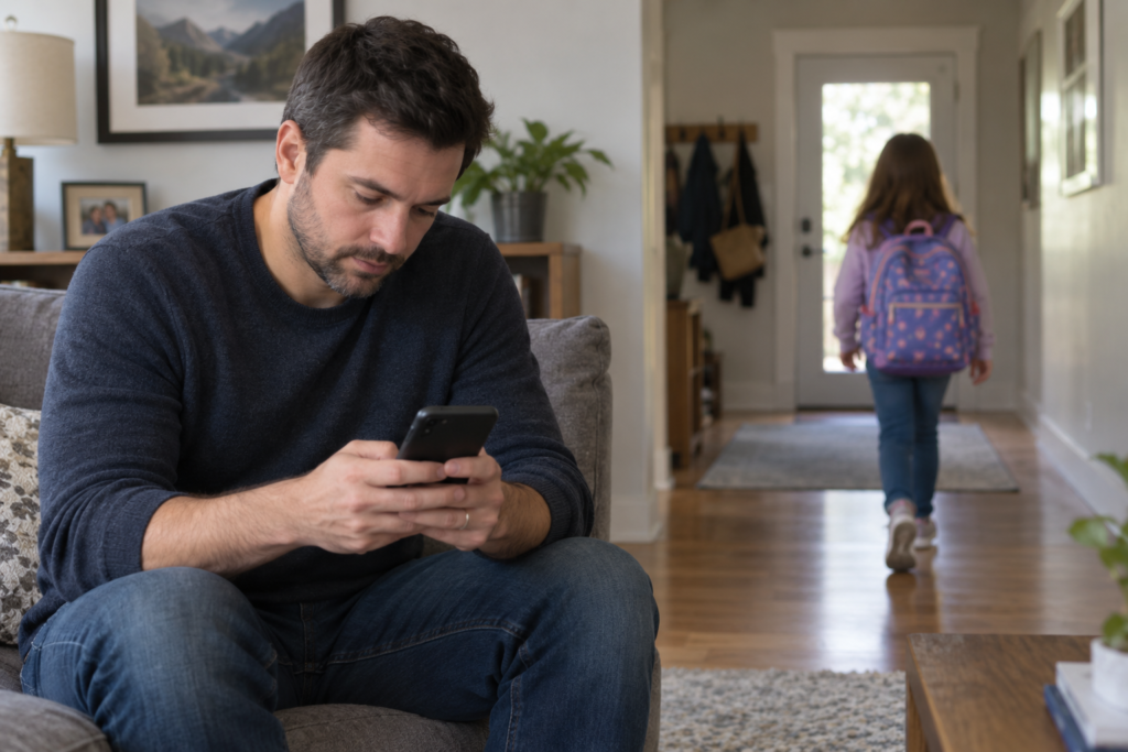 Father looking at his phone while his daughter walks away, illustrating digital distraction