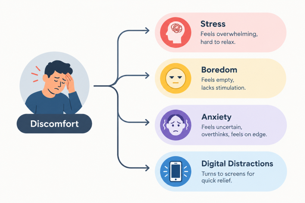Minimal infographic showing discomfort leading to stress, boredom, anxiety, and digital distractions