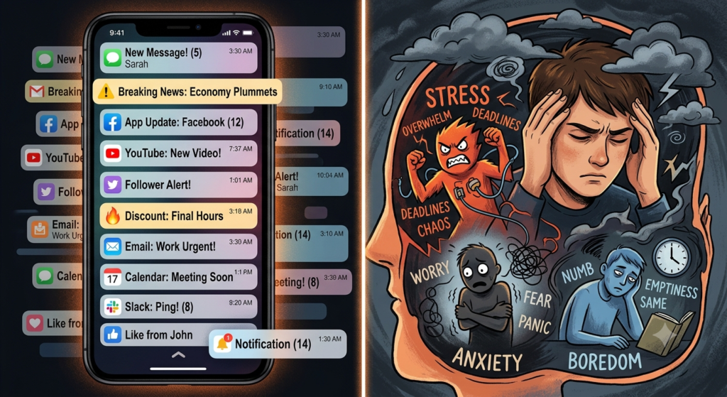 Split illustration showing smartphone notifications on one side and stress, boredom, and anxiety inside a person's mind on the other