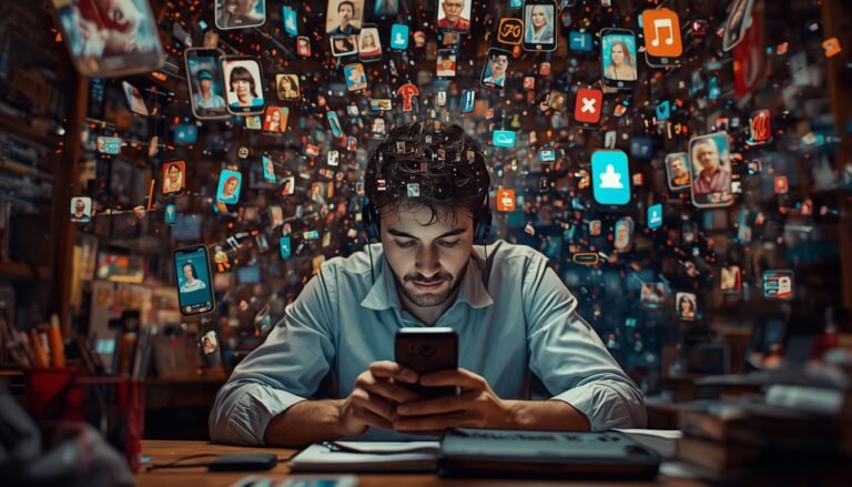 Person overwhelmed by smartphone notifications while trying to work – Indistractable book summary