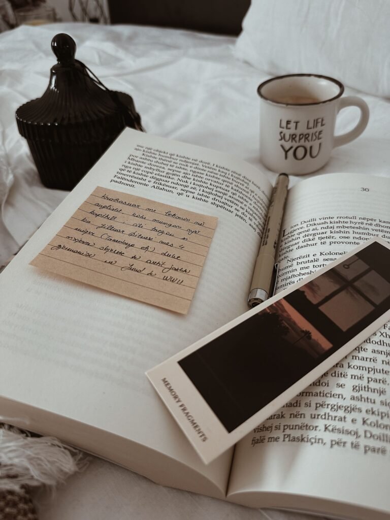 Morning routine with coffee, journal, and book